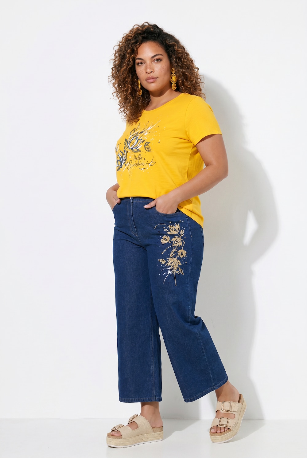 Jeans-Culotte, weites Bein, Blumen-Motiv, 5-Pocket, Angel of Style x MIAMODA