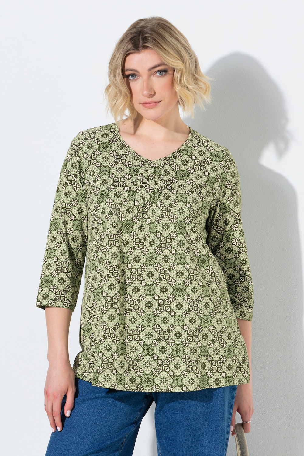 Shirt, Zierfalten, A-Linie, V-Ausschnitt, 3/4-Arm