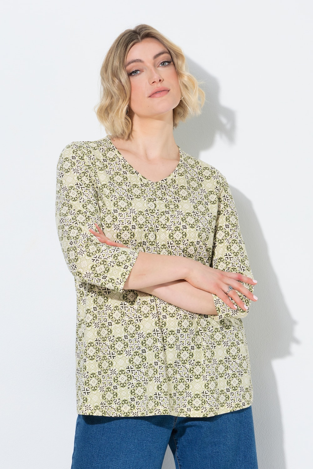 Shirt, sierplooien, A-lijn, V-hals, 3/4-mouw