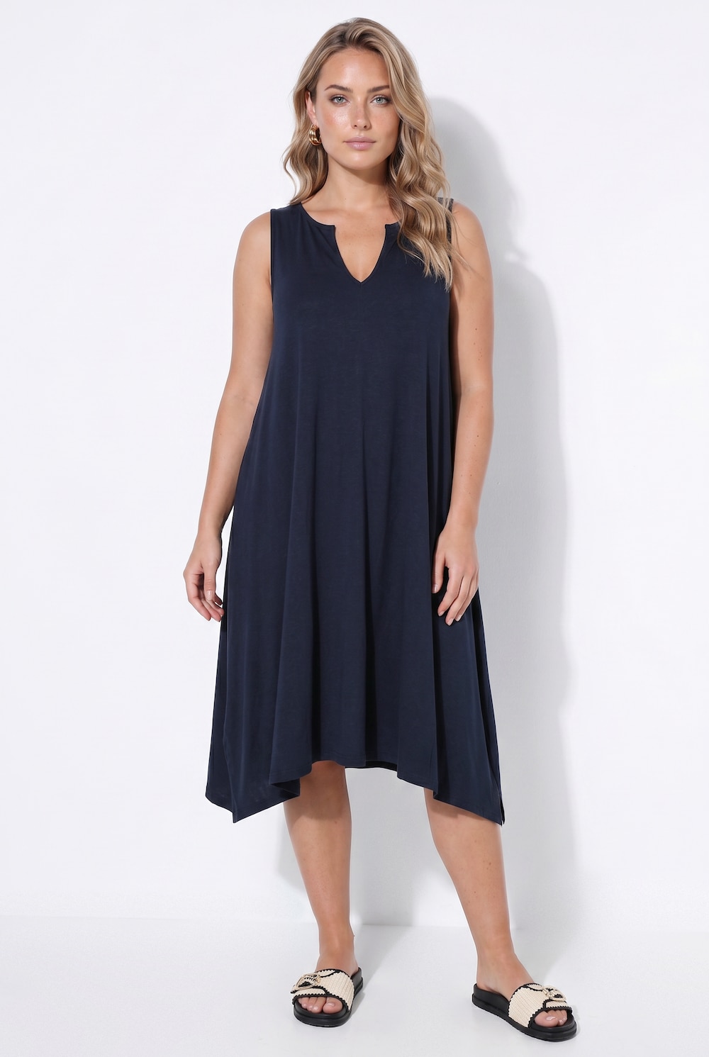 Midi-Jerseykleid, A-Linie, Zipfelsaum, ärmellos