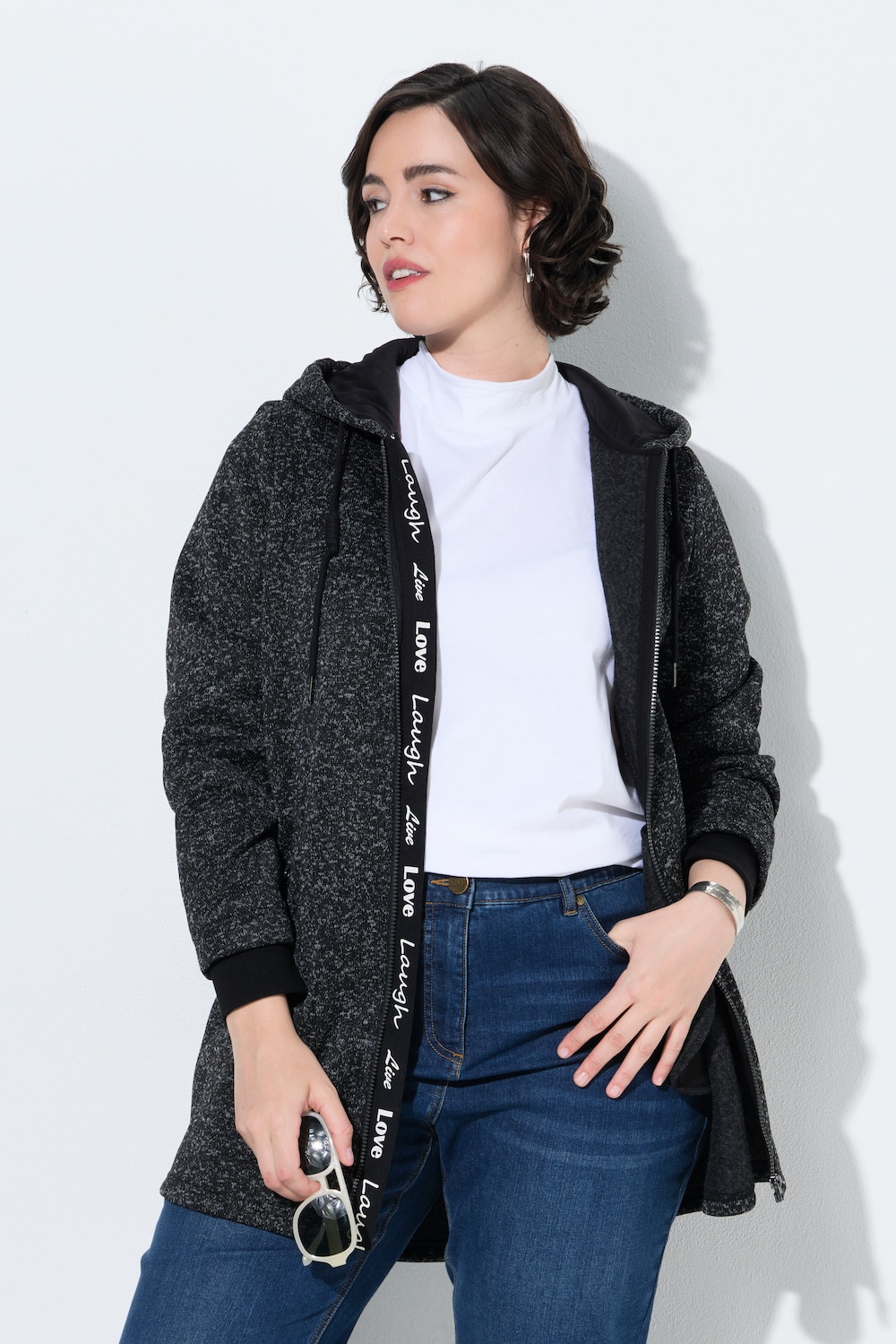 Strickfleece-Jacke, Schriftzug, Kapuze, Langarm