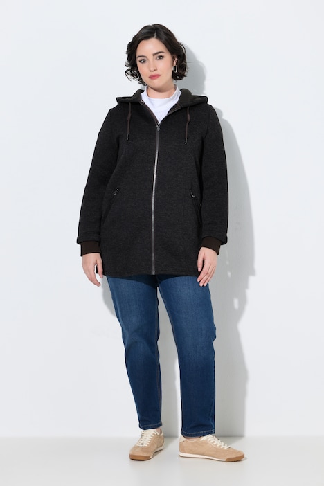 Strickfleece-Jacke, Schriftzug, Kapuze, Langarm