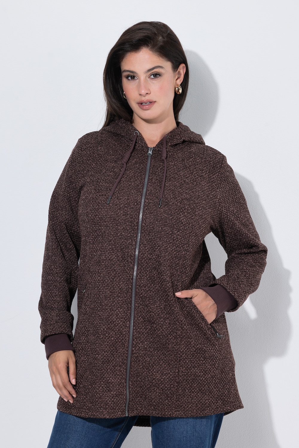 Strickfleece-Jacke, Schriftzug, Kapuze, Langarm