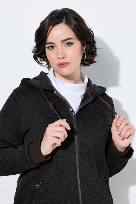 Strickfleece-Jacke, Schriftzug, Kapuze, Langarm