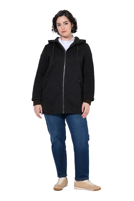 Strickfleece-Jacke, Schriftzug, Kapuze, Langarm