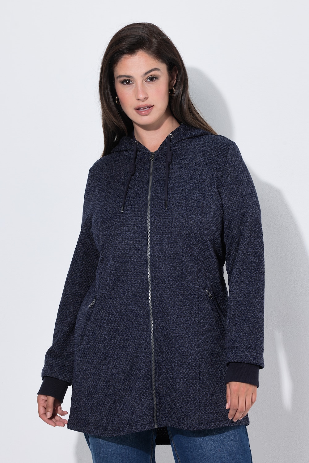 Strickfleece-Jacke, Schriftzug, Kapuze, Langarm