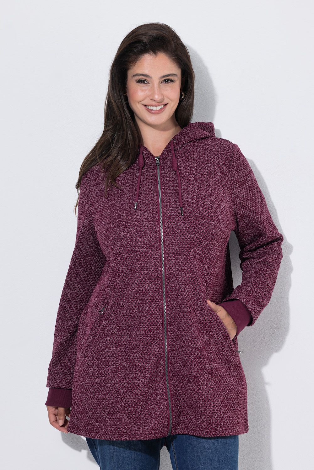 Strickfleece-Jacke, Schriftzug, Kapuze, Langarm
