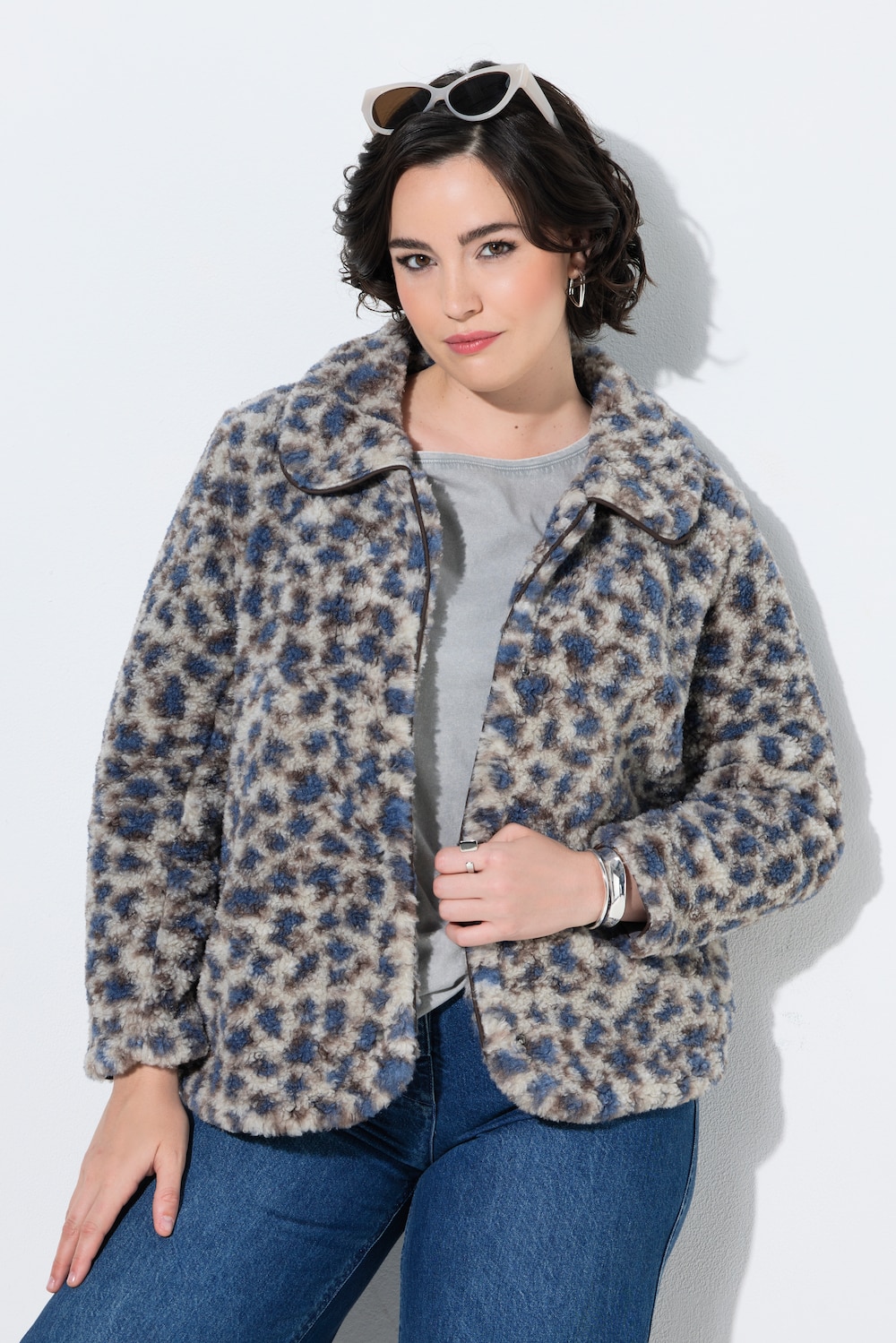 Teddyjacke, Leomuster, Lederoptik-Einfassung, Hemdkragen