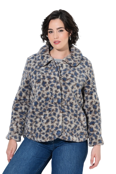 Bunda ve stylu teddy, leopardí vzor, lemování s koženými detaily, košilový límec
