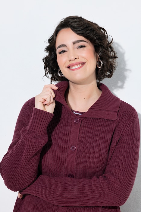 Strickjacke, Rippstrick, Hemdkragen, Langarm