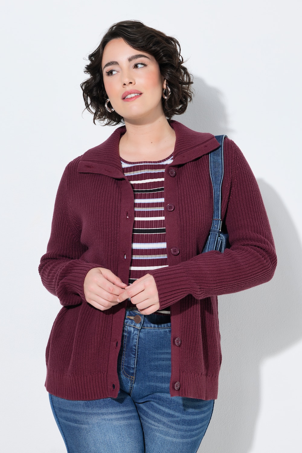 Strickjacke, Rippstrick, Hemdkragen, Langarm