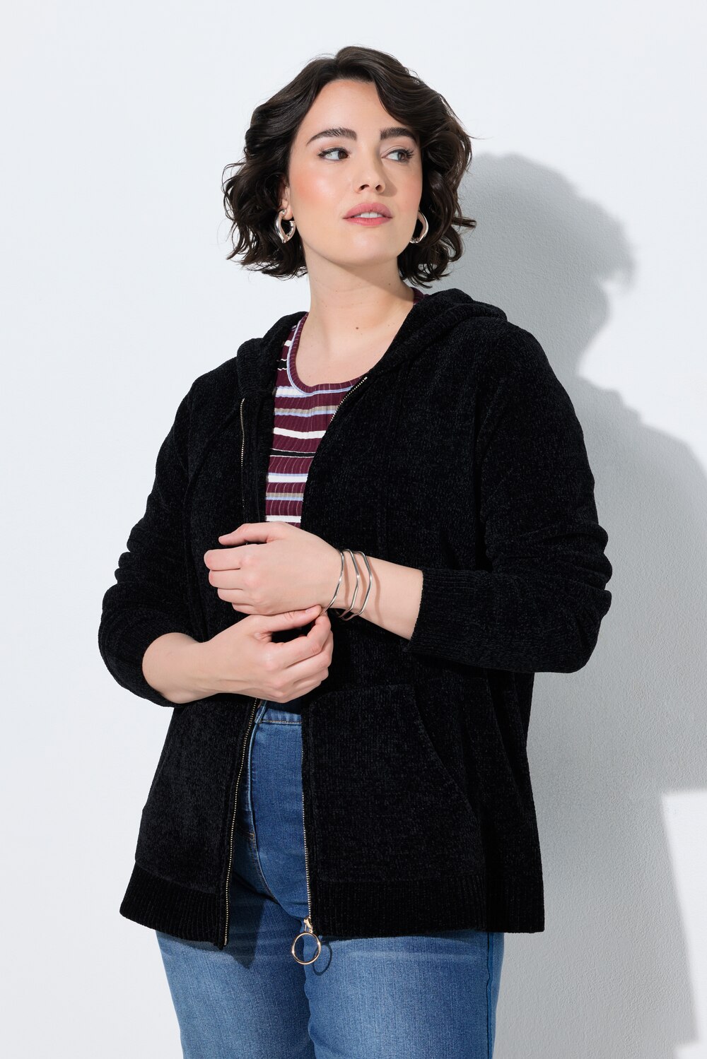 Strickjacke, Chenille, Kapuze, Langarm