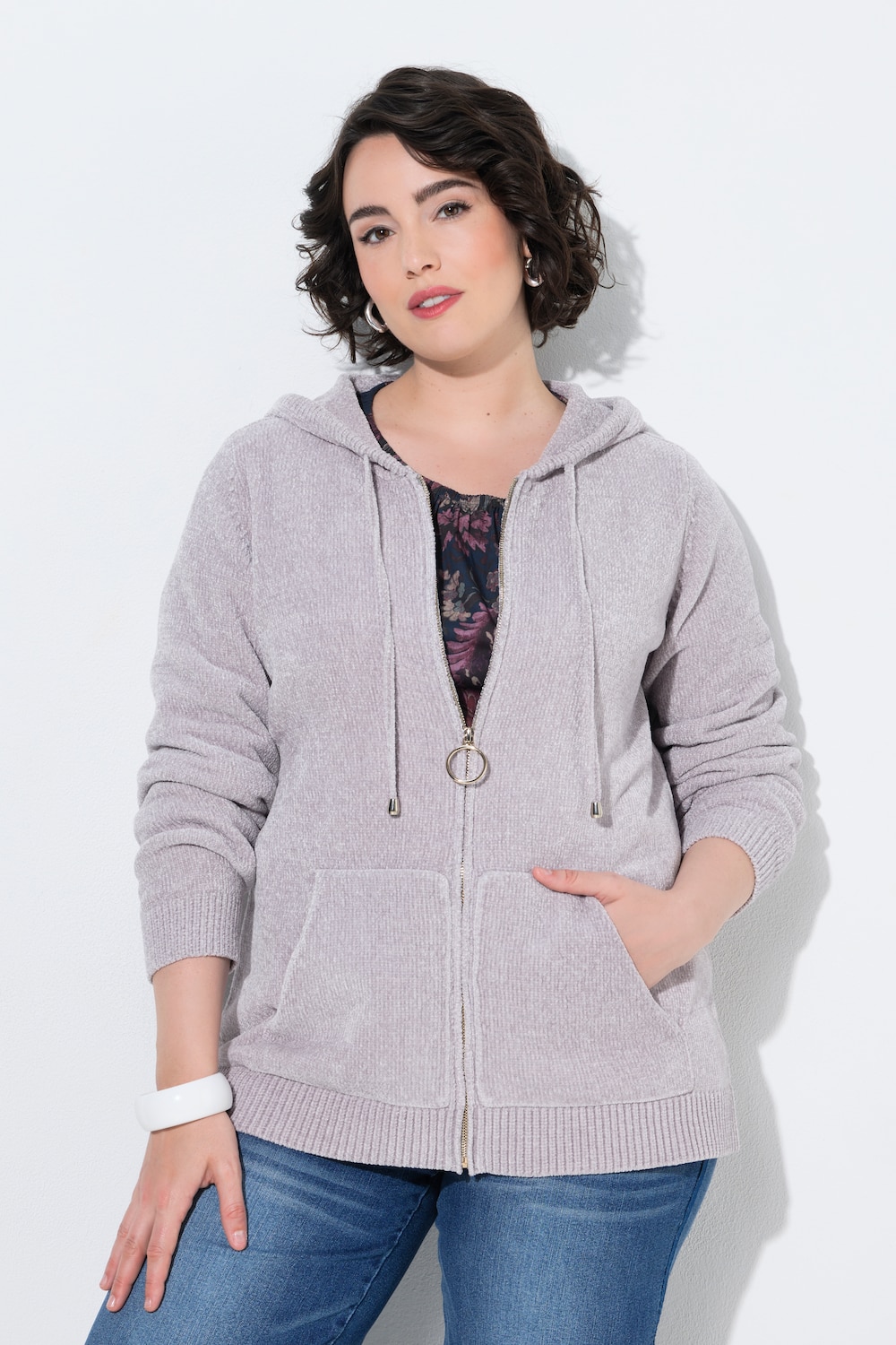 Strickjacke, Chenille, Kapuze, Langarm