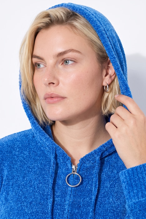 Strickjacke, Chenille, Kapuze, Langarm