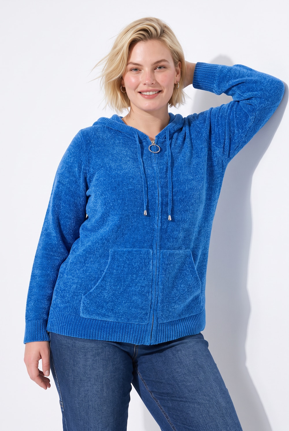 Strickjacke, Chenille, Kapuze, Langarm