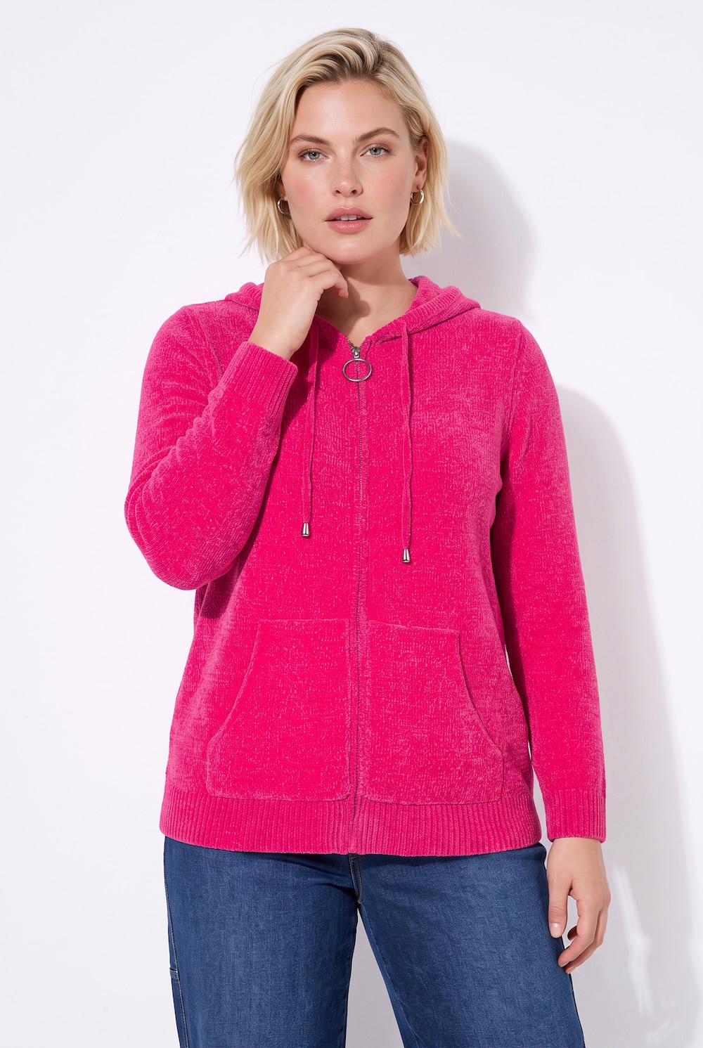 Strickjacke, Chenille, Kapuze, Langarm