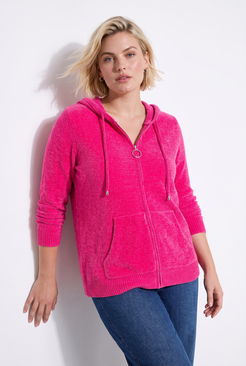 Strickjacke, Chenille, Kapuze, Langarm