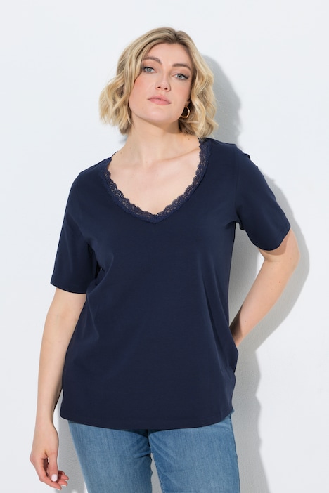 T-Shirt, Spitze, Classic, V-Ausschnitt, Halbarm