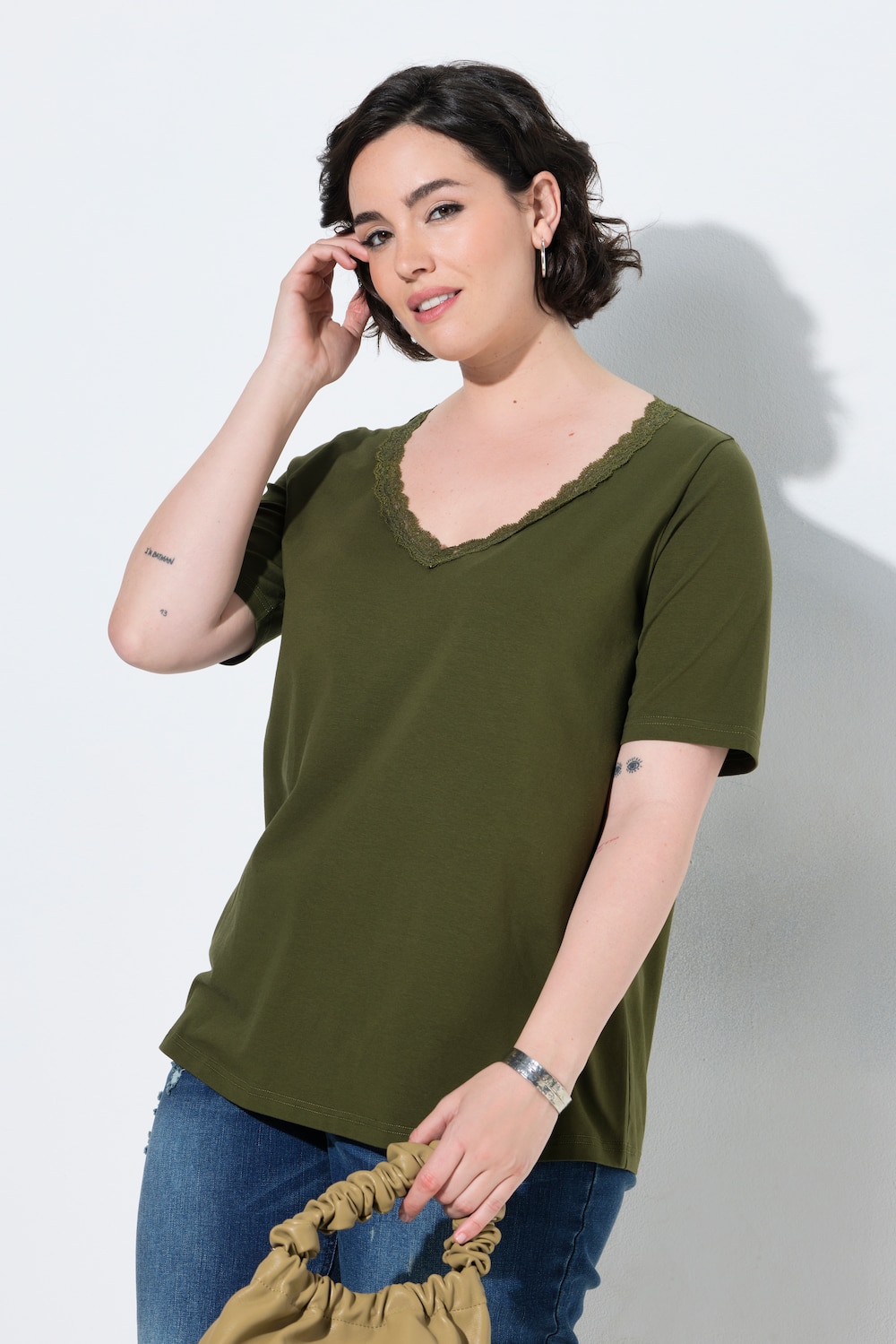 T-Shirt, Spitze, Classic, V-Ausschnitt, Halbarm
