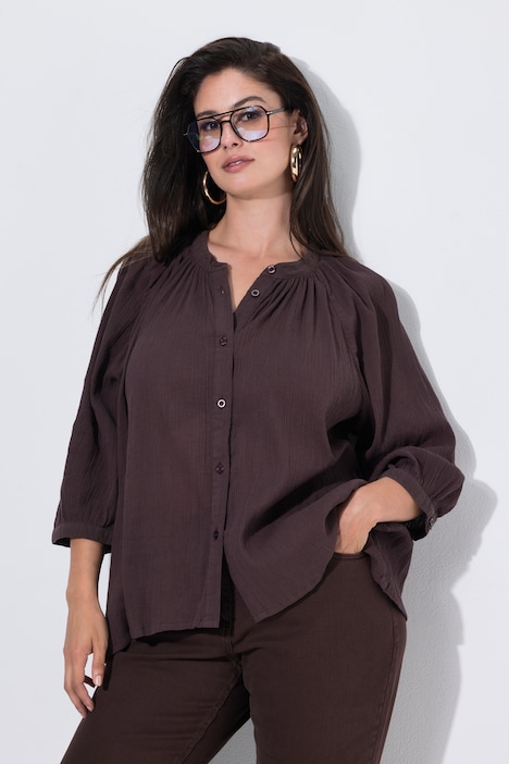 Blusa de crespón, amplia, cuello alzado, manga 3/4 de murciélago