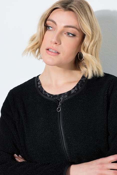 Teddyjacke, Lederoptik-Piping, Rundhals, Langarm