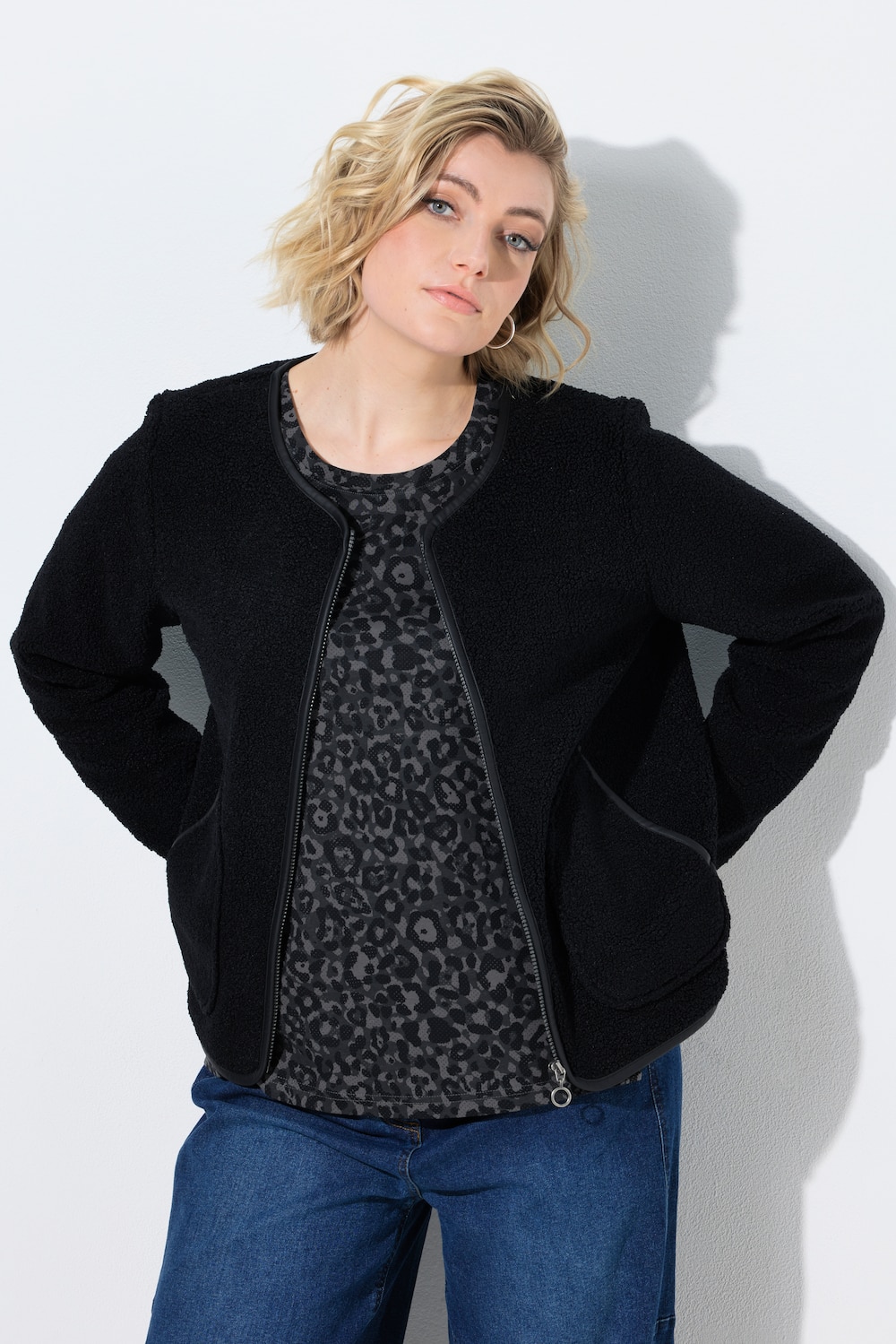 Teddyjacke, Lederoptik-Piping, Rundhals, Langarm