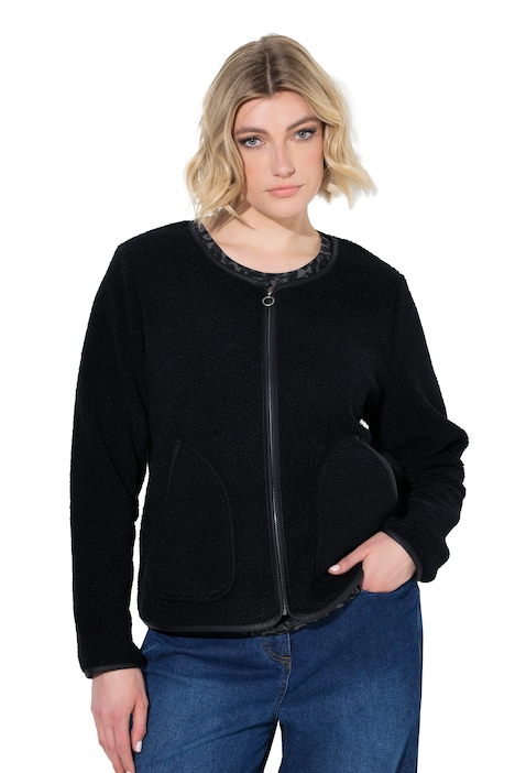 Teddyjacke, Lederoptik-Piping, Rundhals, Langarm