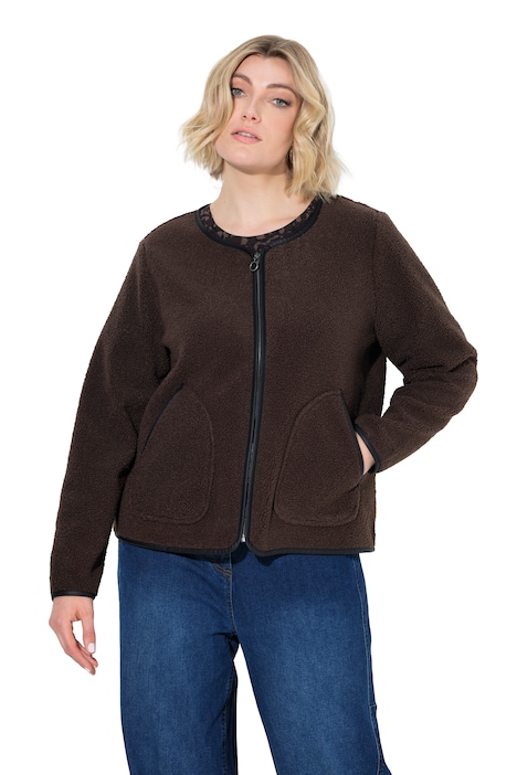 Teddyjacke, Lederoptik-Piping, Rundhals, Langarm