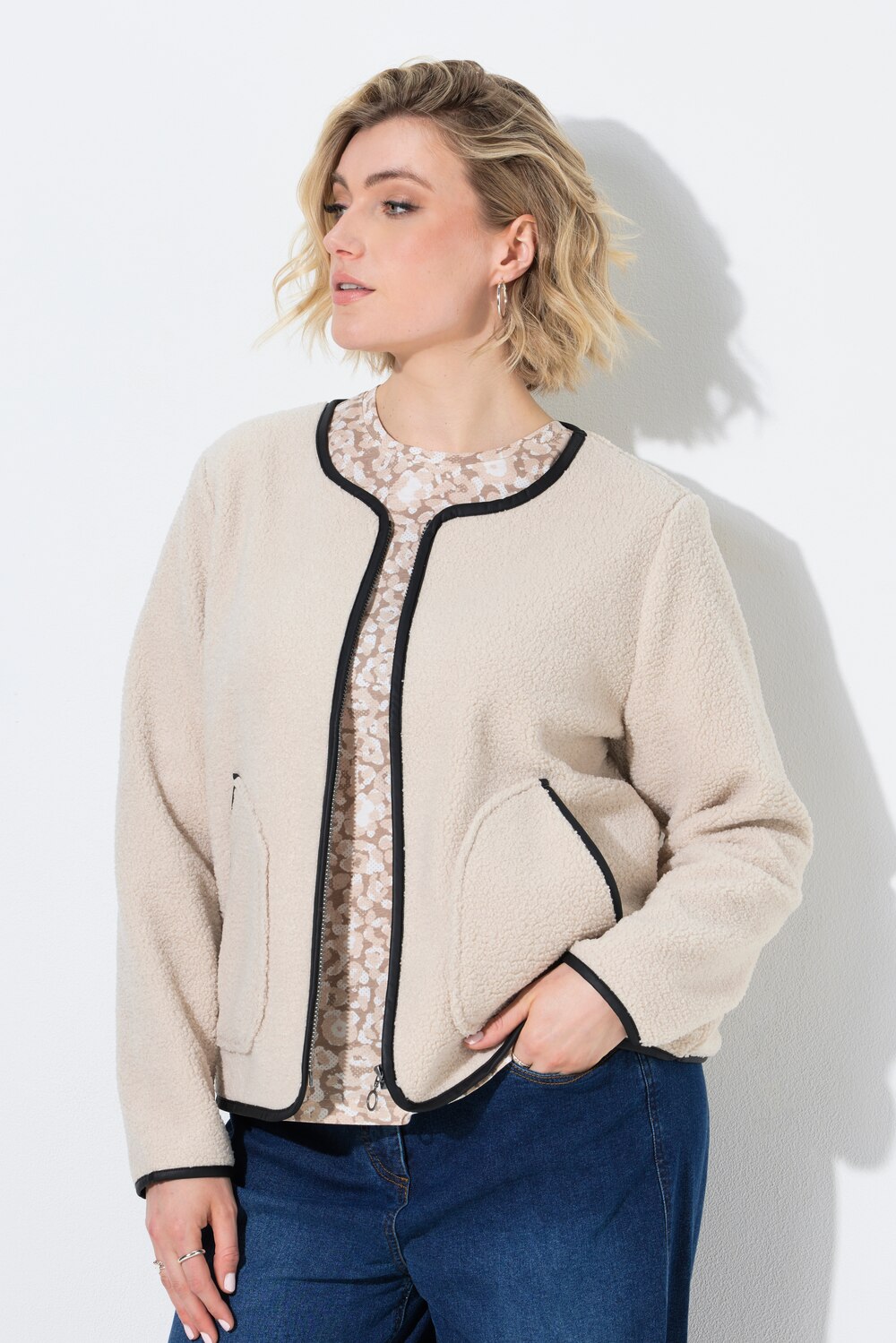 Teddyjacke, Lederoptik-Piping, Rundhals, Langarm