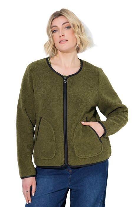 Teddyjacke, Lederoptik-Piping, Rundhals, Langarm