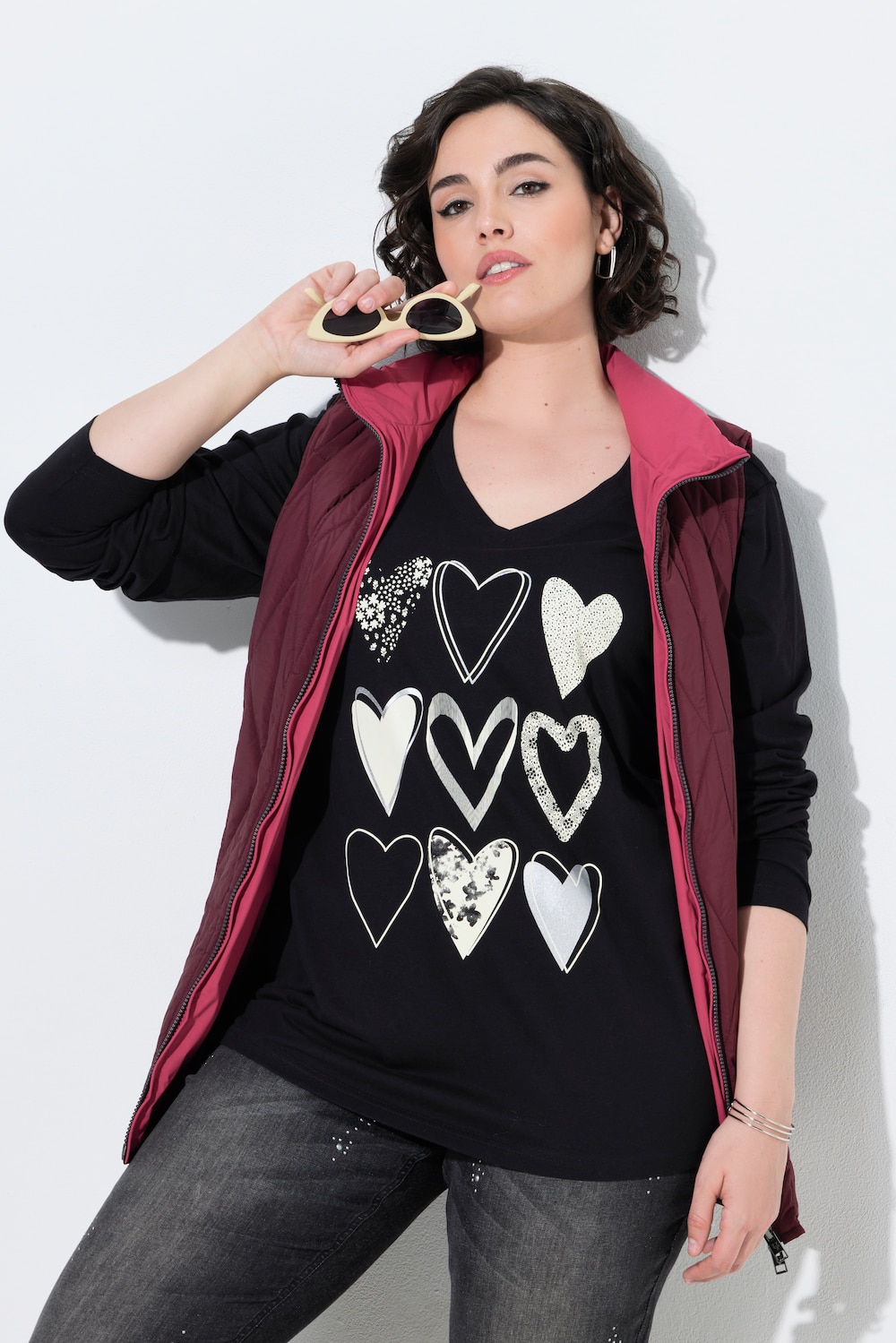 Langarmshirt, Herzmotiv, V-Ausschnitt, Langarm