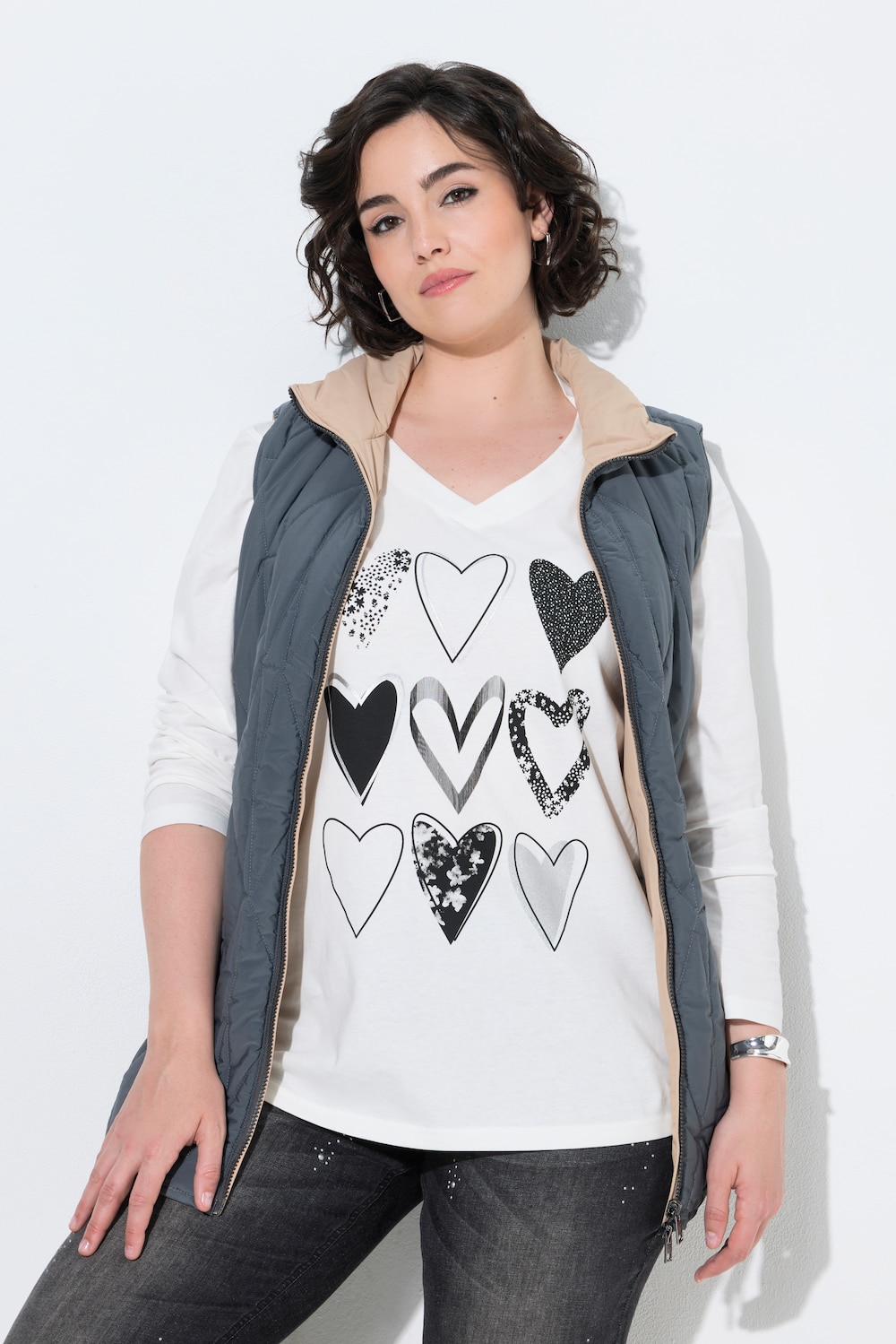 Langarmshirt, Herzmotiv, V-Ausschnitt, Langarm