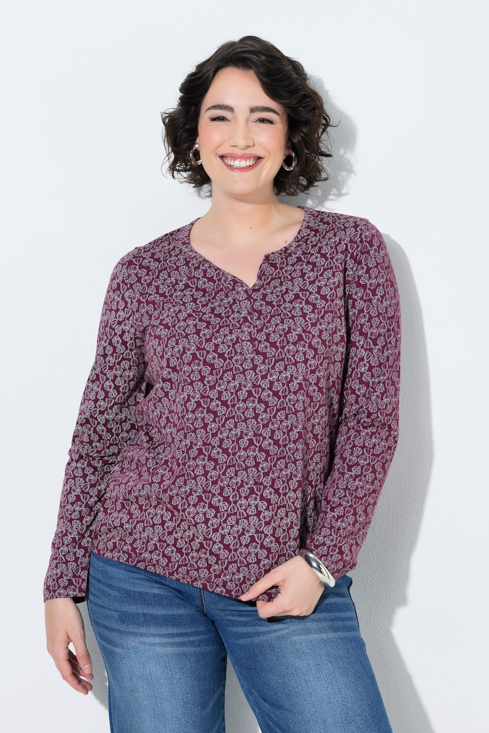 Shirt, Blüten, Elastiksaum, Rundhals, Langarm