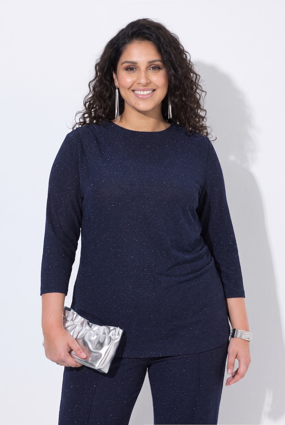 Shirt, Glitter, drapiert, Rundhals, 3/4-Arm