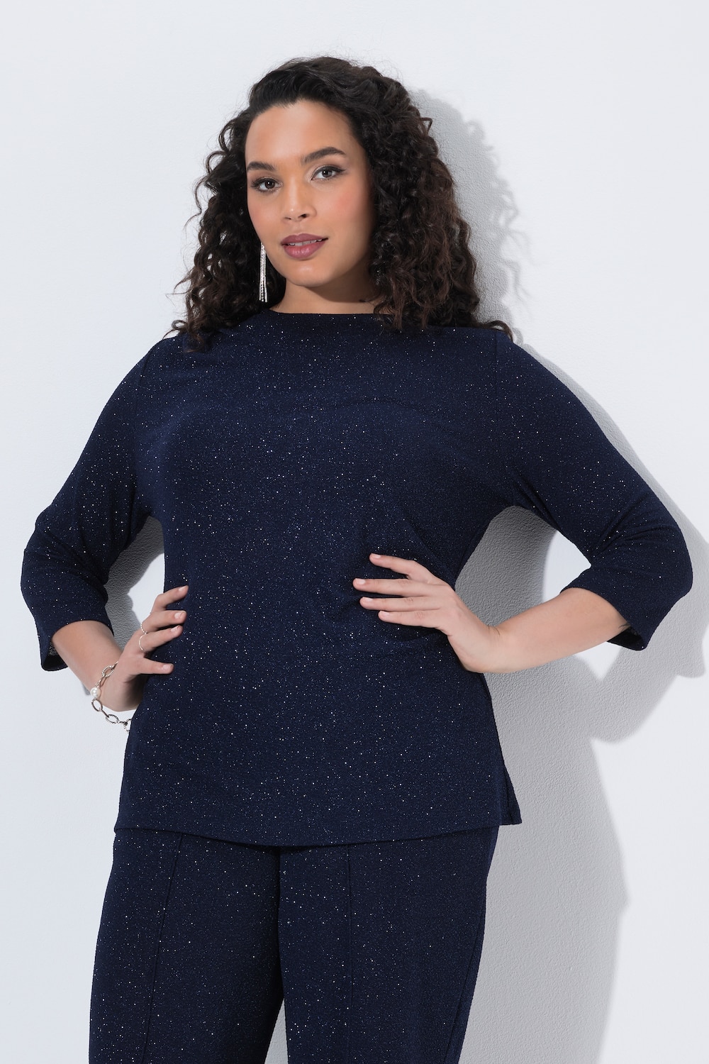 Shirt, Glitter, drapiert, Rundhals, 3/4-Arm