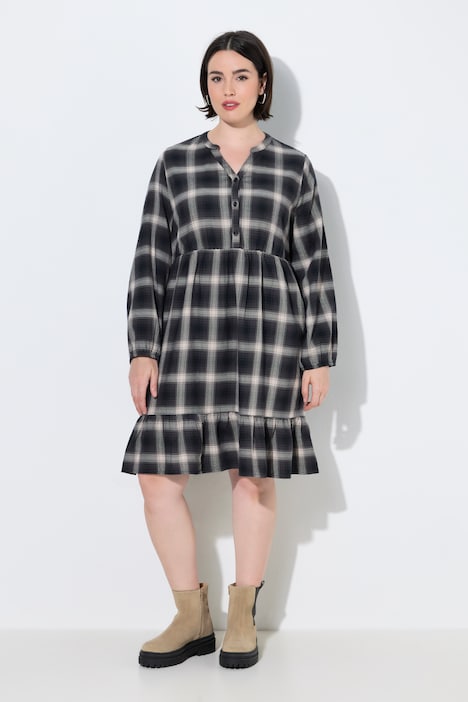 Flanellkleid, Karo, A-Linie, Tunika-Ausschnitt, Langarm