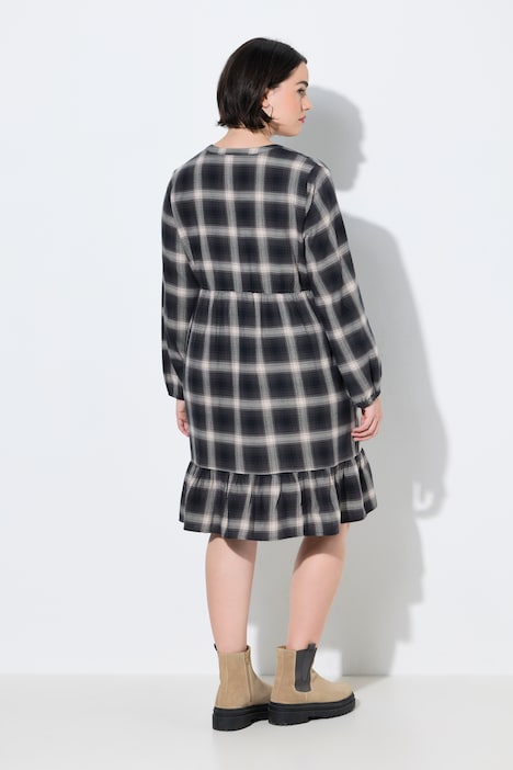 Flanellkleid, Karo, A-Linie, Tunika-Ausschnitt, Langarm