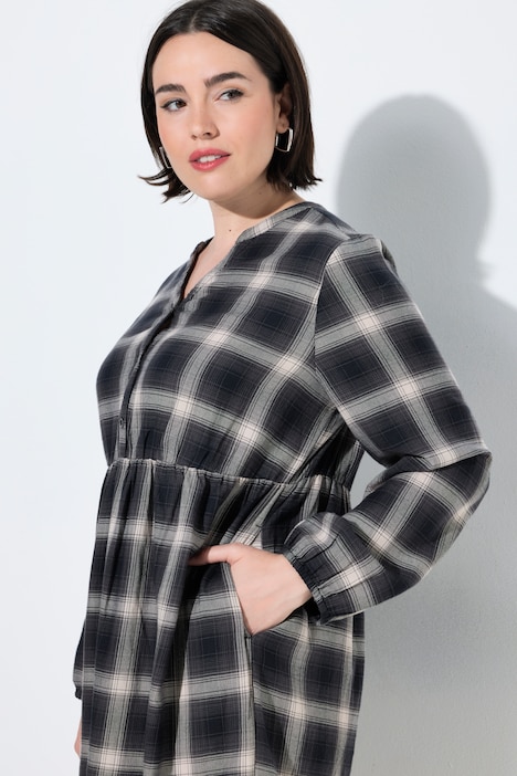 Flanellkleid, Karo, A-Linie, Tunika-Ausschnitt, Langarm