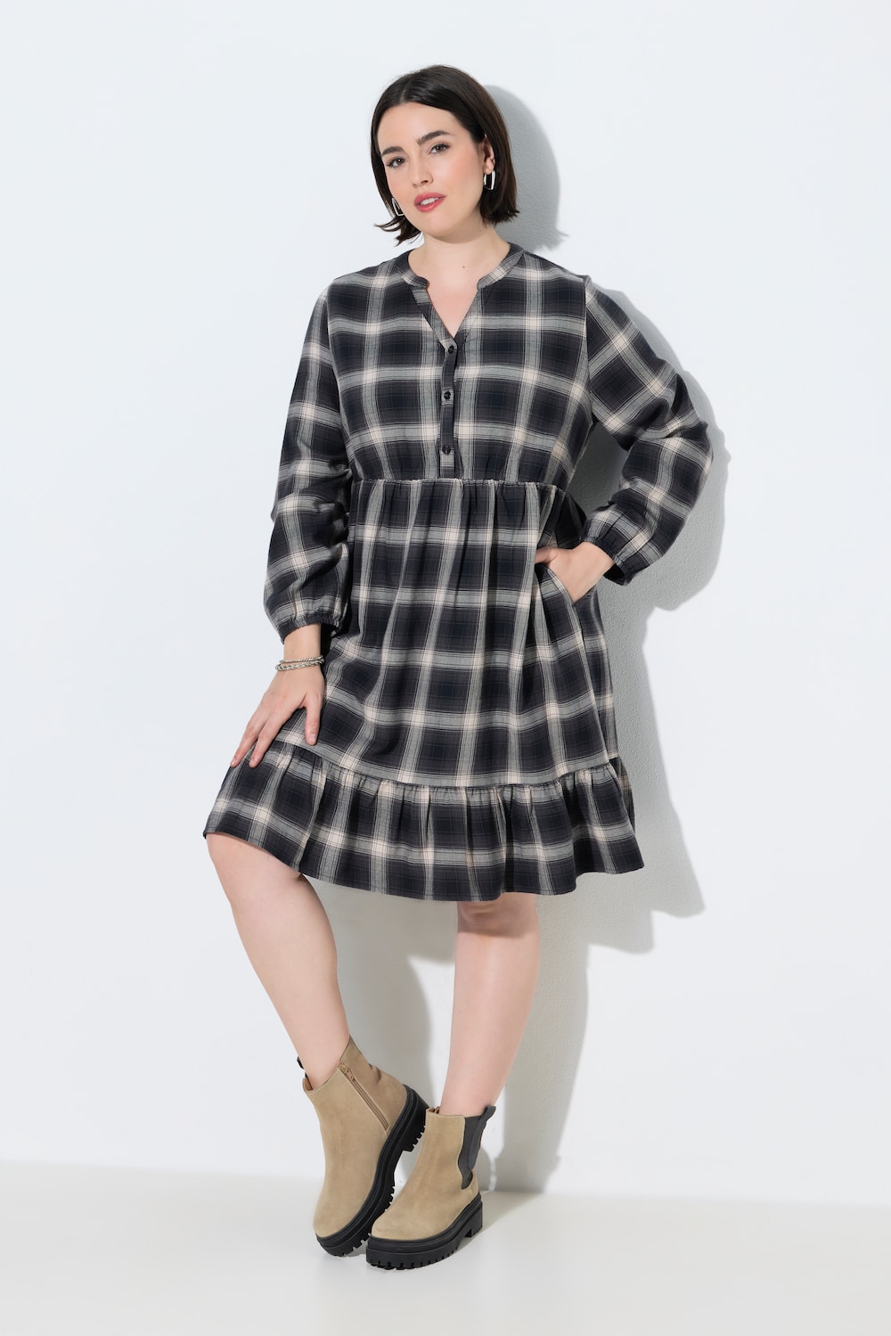 Flanellkleid, Karo, A-Linie, Tunika-Ausschnitt, Langarm