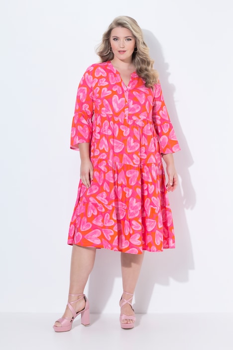 Midikleid, A-Linie, Herz-Muster, 3/4-Ärmel mit Volant