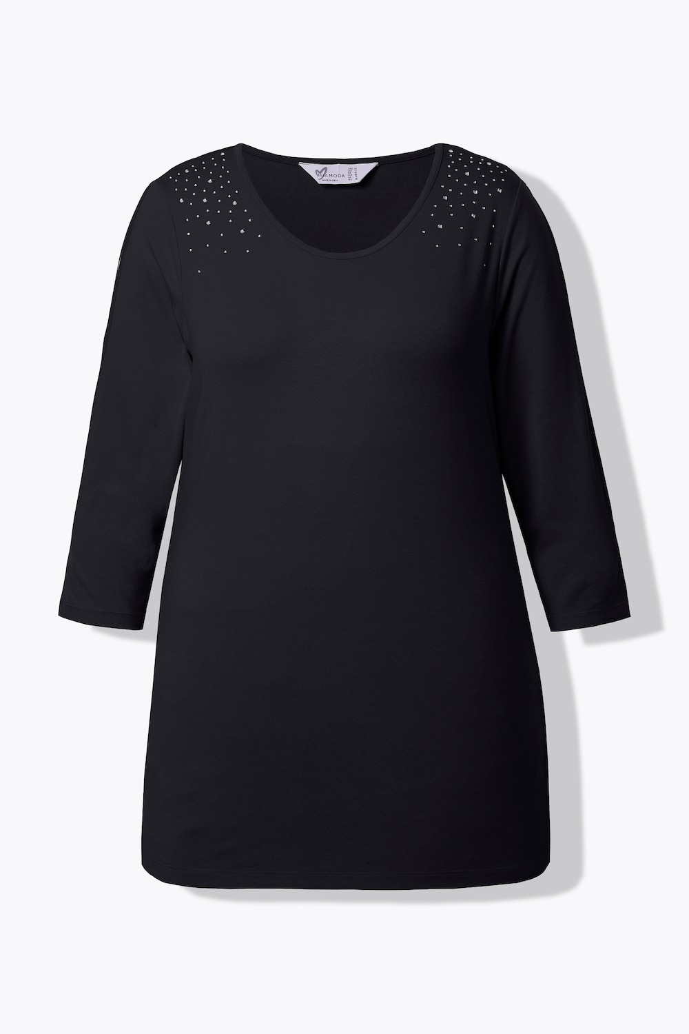 Stora storlekar T-shirt i bekväm passform med paljetter och cutouts, Dam, svart, storlek: 44, Viskos, Mia Moda