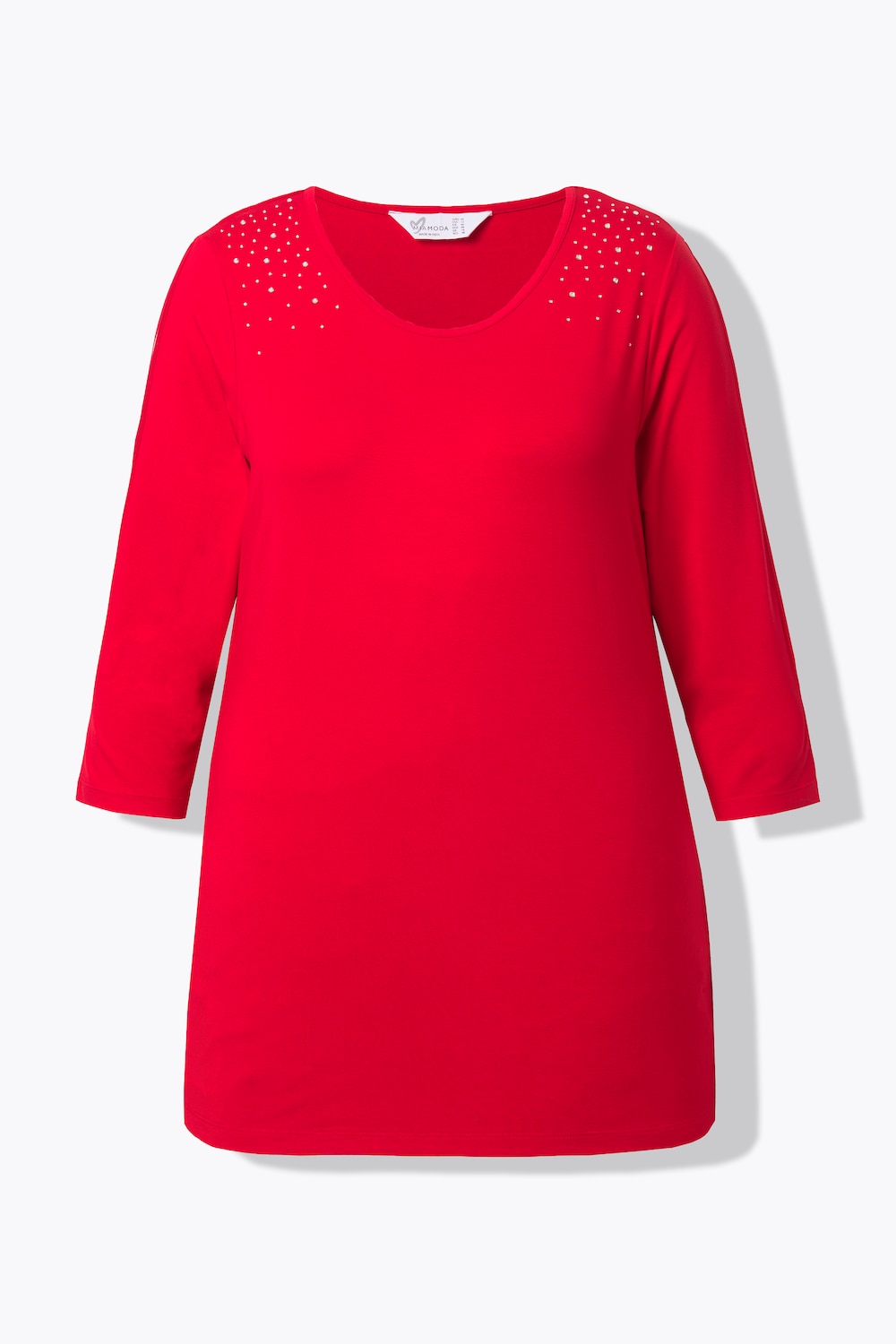 Stora storlekar T-shirt i bekväm passform med paljetter och cutouts, Dam, röd, storlek: 44, Viskos, Mia Moda