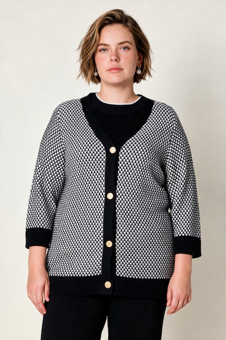 Jacquard-Strickjacke, Classic Fit, Jacquardstrick, 3/4-Ärmel