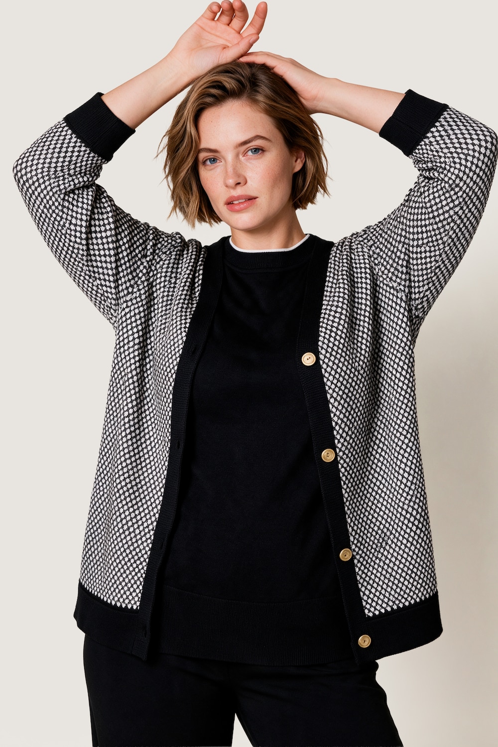 Jacquard-Strickjacke, Classic Fit, Jacquardstrick, 3/4-Ärmel