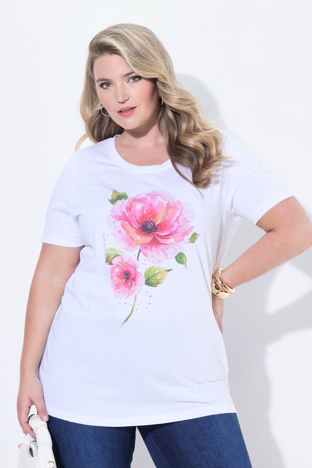 T-Shirt, Komfort Fit, Glitzersteinchen, Blumenmotiv