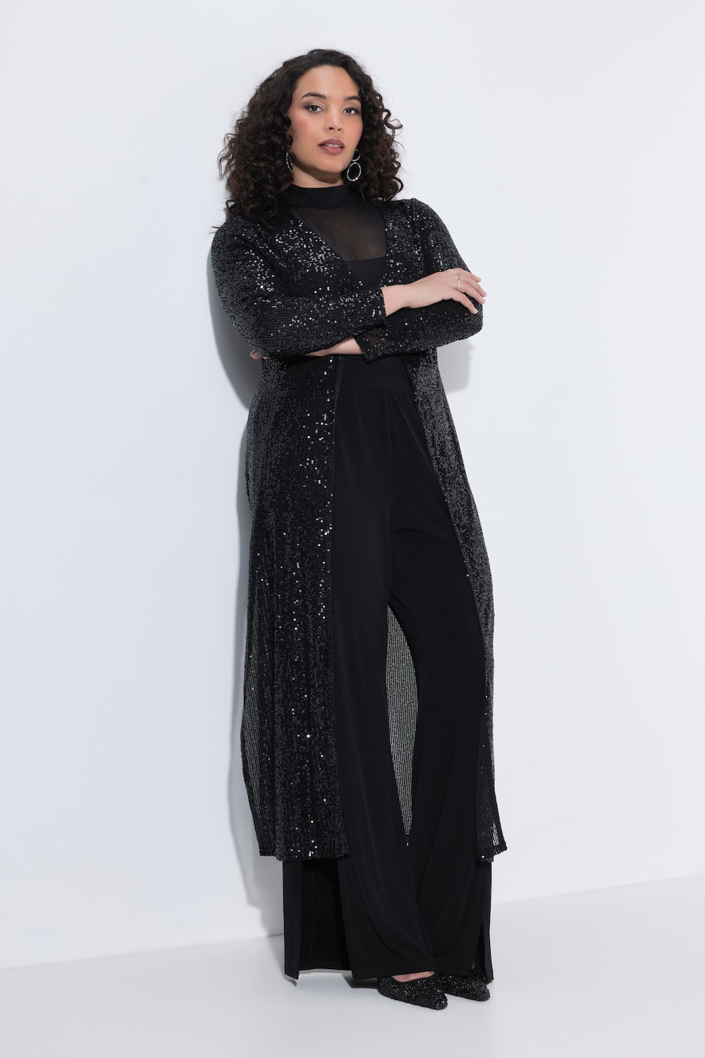 Longjacke, Pailletten, V-Ausschnitt, Langarm