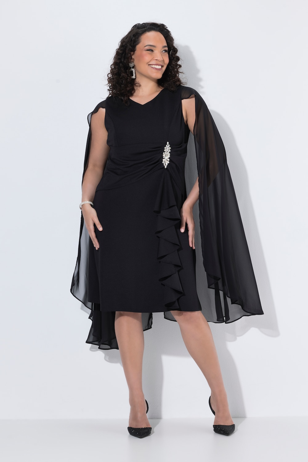 Kleid, Chiffon-Cape, A-Linie, V-Ausschnitt, ärmellos