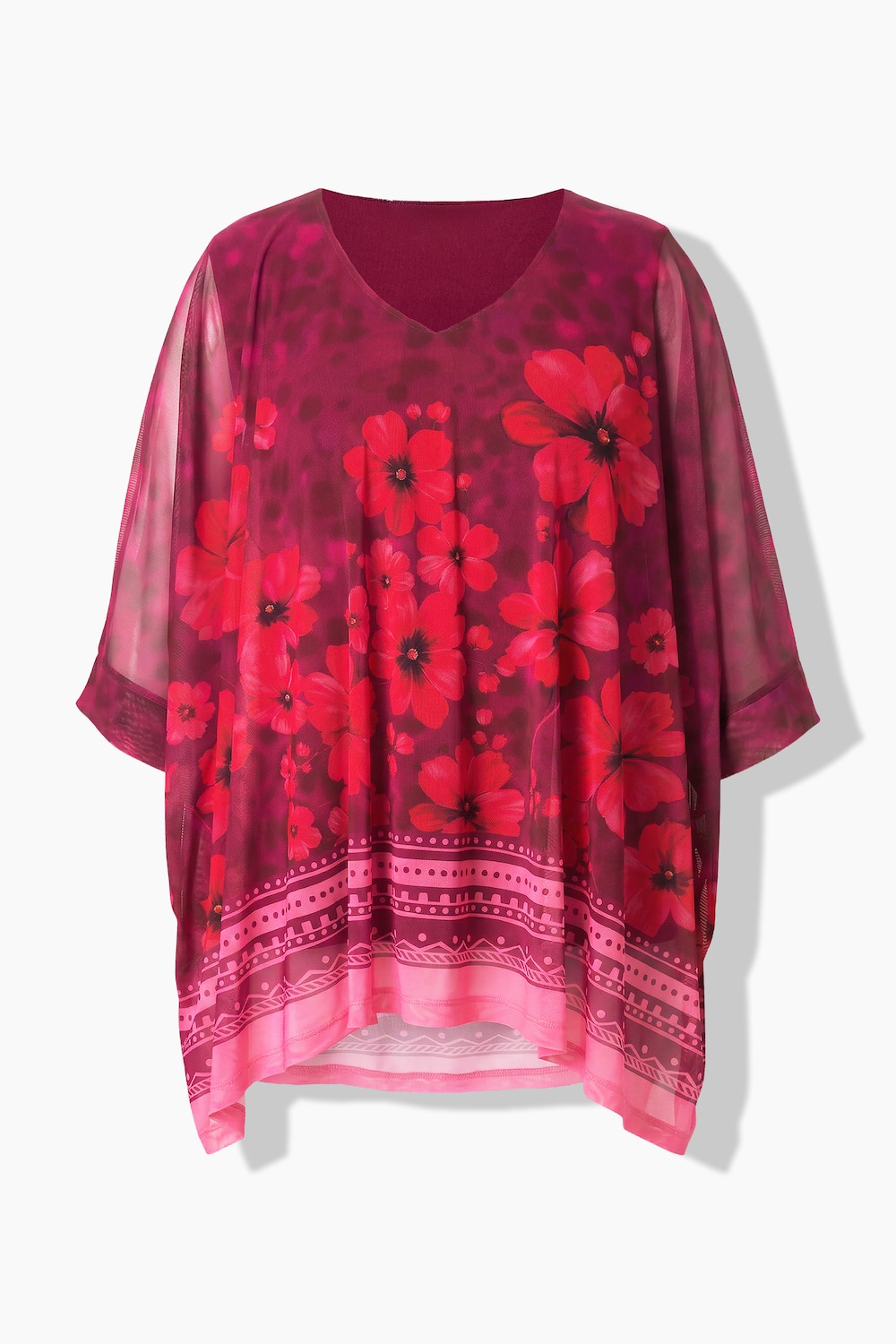 Stora storlekar Meshblus i oversized modell med blommönster och trekvartsärm, Dam, röd, storlek: 42/44, Polyester/Elastan, Mia Moda