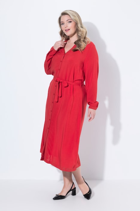 Robe midi avec ceinture à nouer, patte de boutonnage et manches longues, coupe évasée