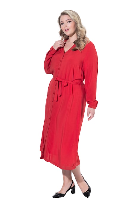 Midi šaty, áčkový střih, zavazovací pásek, zapínání na knoflíky, dlouhé rukávy